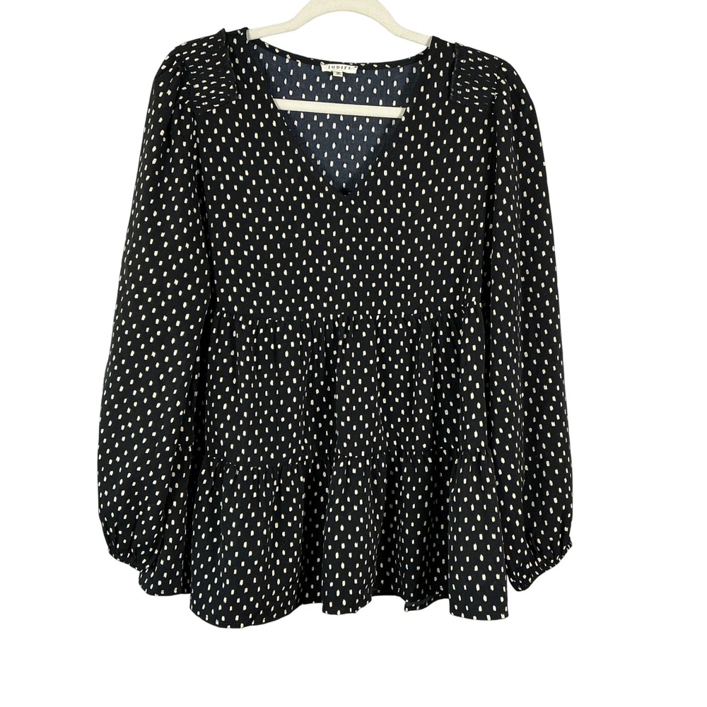 Jodifl Black Polka Dot Tiered Babydoll Top Long Sleeve V-Neck Smocked Blouse M